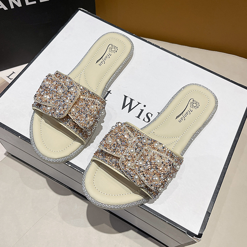 Brand Rhinestone Slippers Women's Summer Outer Wear Flat Non-Slip Sandals 2023 New Internet Celebrity Soft Bottom Wild Slippers