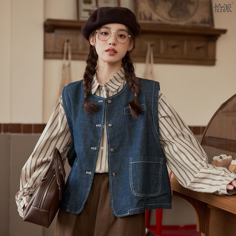日系复古牛仔马甲背心外套女春新款条纹衬衫坎肩马夹两件套-阿里巴巴