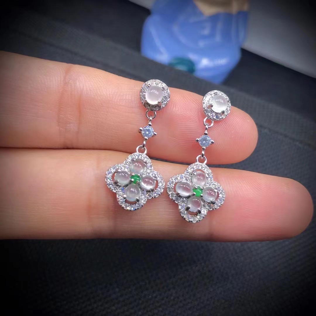 缅甸天然翡翠耳坠s925银镶嵌多颗翡翠冰种蛋面耳饰珠宝玉石正品女