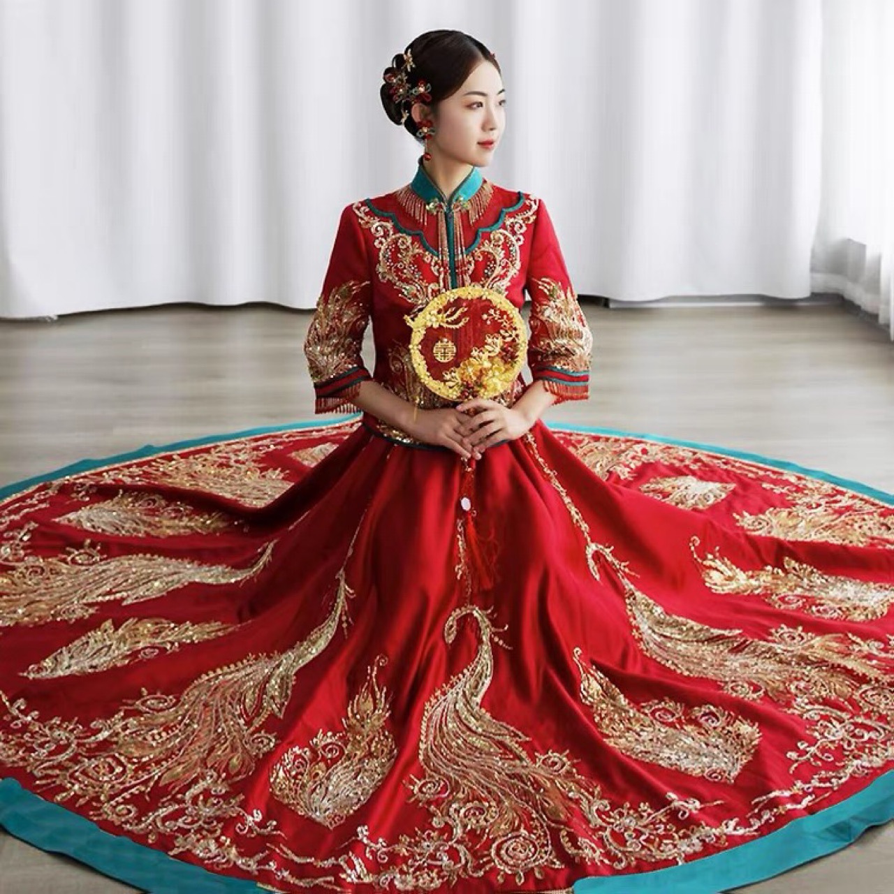 夏男生红色秀和显瘦男女款圆领中式秀禾服婚纱