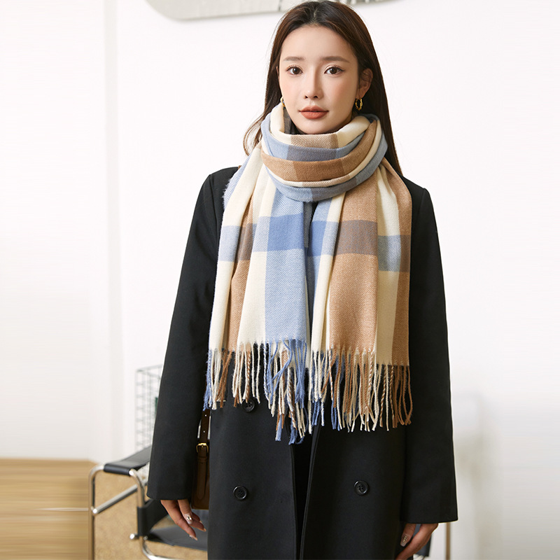 Women's Scarf Winter 2023 New Thickened Warm Cashmere Plaid Shawl Korean Style All-Matching Tassel Scarf Wholesale