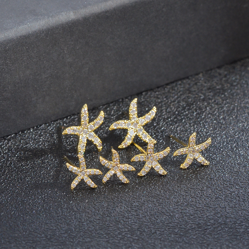 Sterling Silver Needle Fashion Three-Piece Set Combination Stud Earrings Female One Card Three Pairs Full Diamond Starfish Student Mini and Simple Earrings