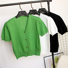 夏季冰丝泡泡袖开衫纯色v领短袖外套绿色短款T恤气质温柔风薄上衣