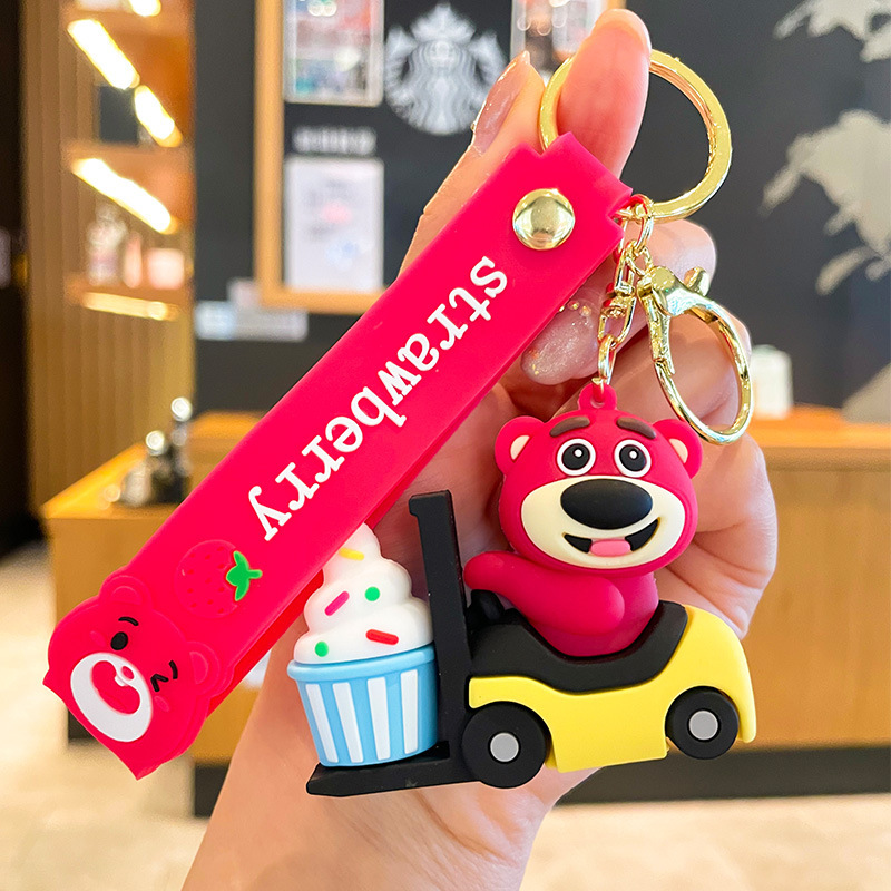 Cute Dessert Shop Strawberry Bear Keychain Cartoon PVC Toy Bag Package Pendant Car Key Ring Gift Wholesale