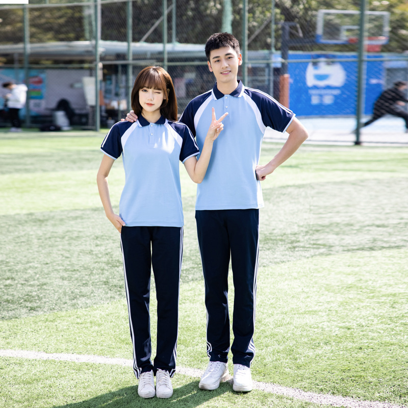 中学生校服套装夏季初中生高中运动会短袖上衣学院风蓝白t恤班服