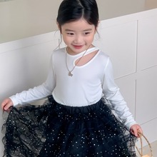 INS 韩国童装 2024春款 中大童女童弹力 长袖T恤圆弧上衣 针织衫