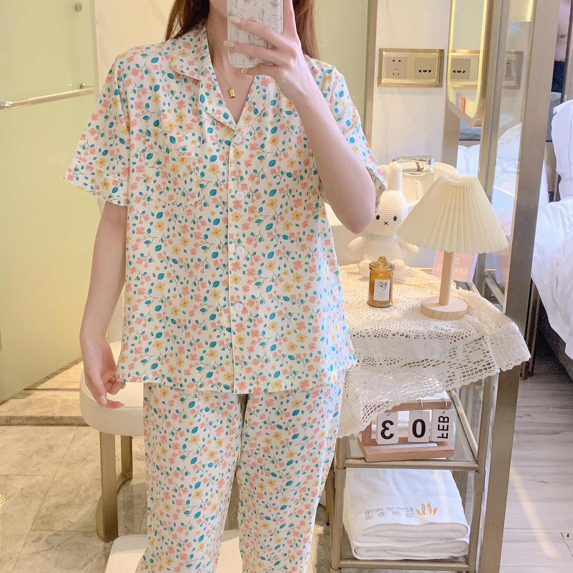 棉绸睡衣女夏季新款短袖长裤卡通印花套装少女可爱学生夏天家居服