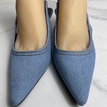 ZA女鞋2023夏季新款蓝色牛仔面料高跟鞋女猫跟尖头浅口包头凉鞋