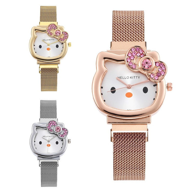 Fashion Cartoon Cat Watch Women's Diamond Bow Children's Milan Mesh Belt Magnet Wrist Watch in Stock Wholesale