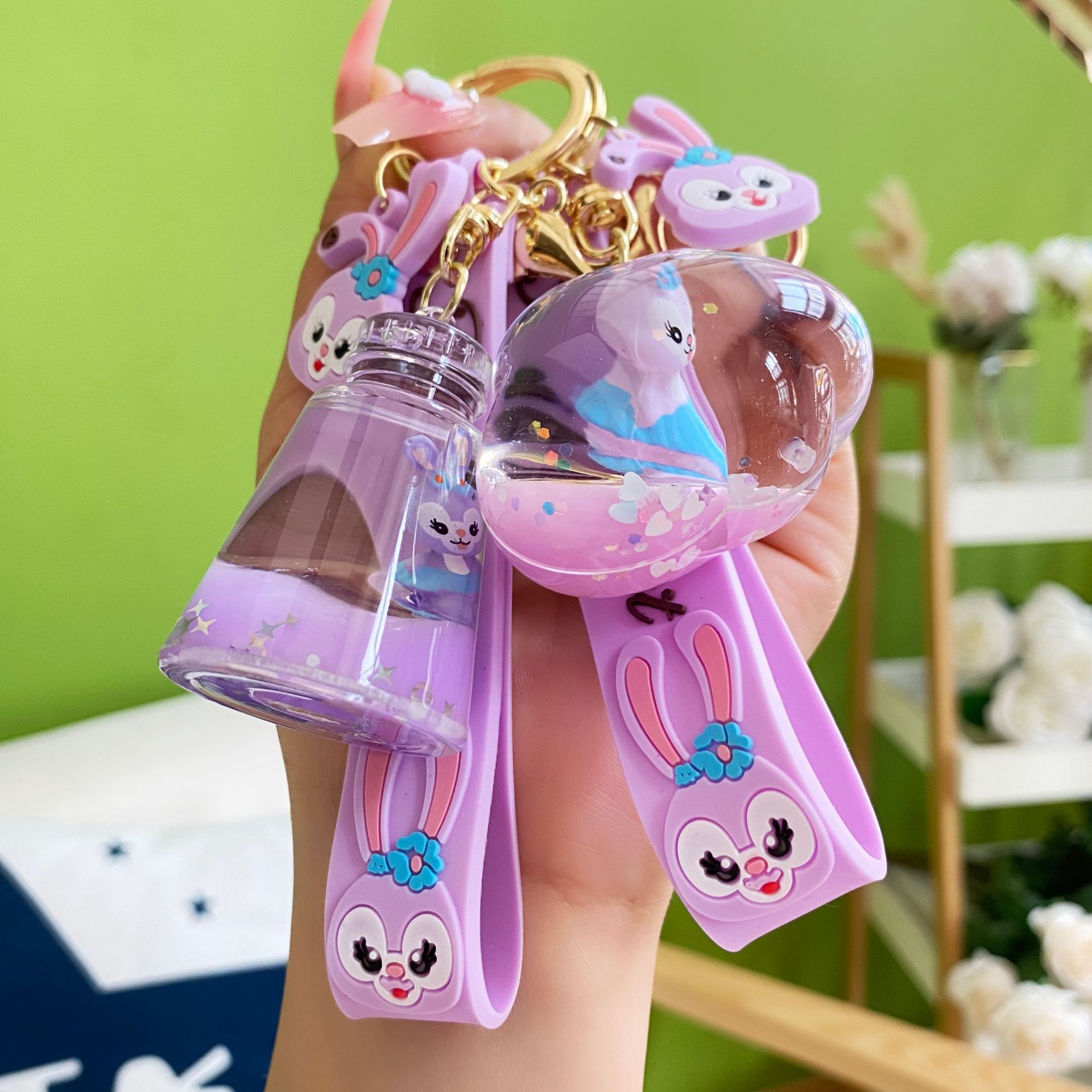 创意可爱紫色星黛露兔子漂浮瓶钥匙扣情侣流沙挂件学生包挂饰批发