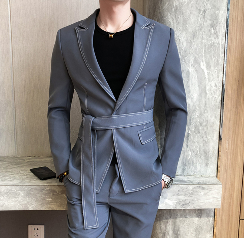 英伦风小西装男套装 时尚纯色修身束腰礼服男士宴会西服两件套