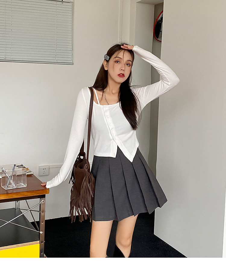 微胖mm大码不规则针织打底衫女2022年秋季新款纯色斜扣内搭上衣详情8