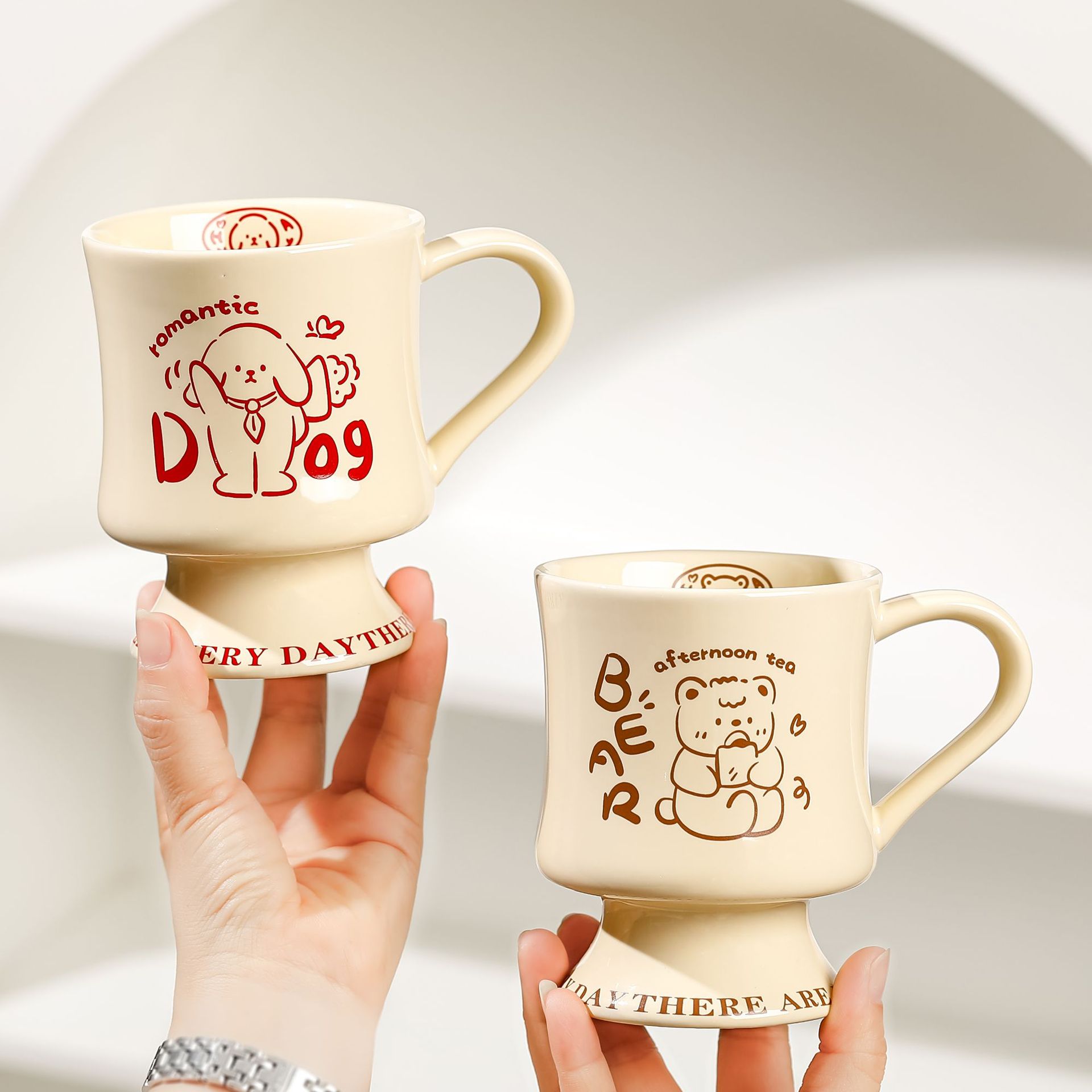 可爱少女心高脚杯家用高颜值马克杯牛奶杯办公室陶瓷水杯情侣杯子