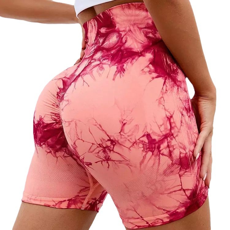 Summer European and American Tie-Dyed Three-Point Fitness Pants Women's High Waist Hip Lift Tight Sports Running Peach Belly Contracting Yoga Shorts