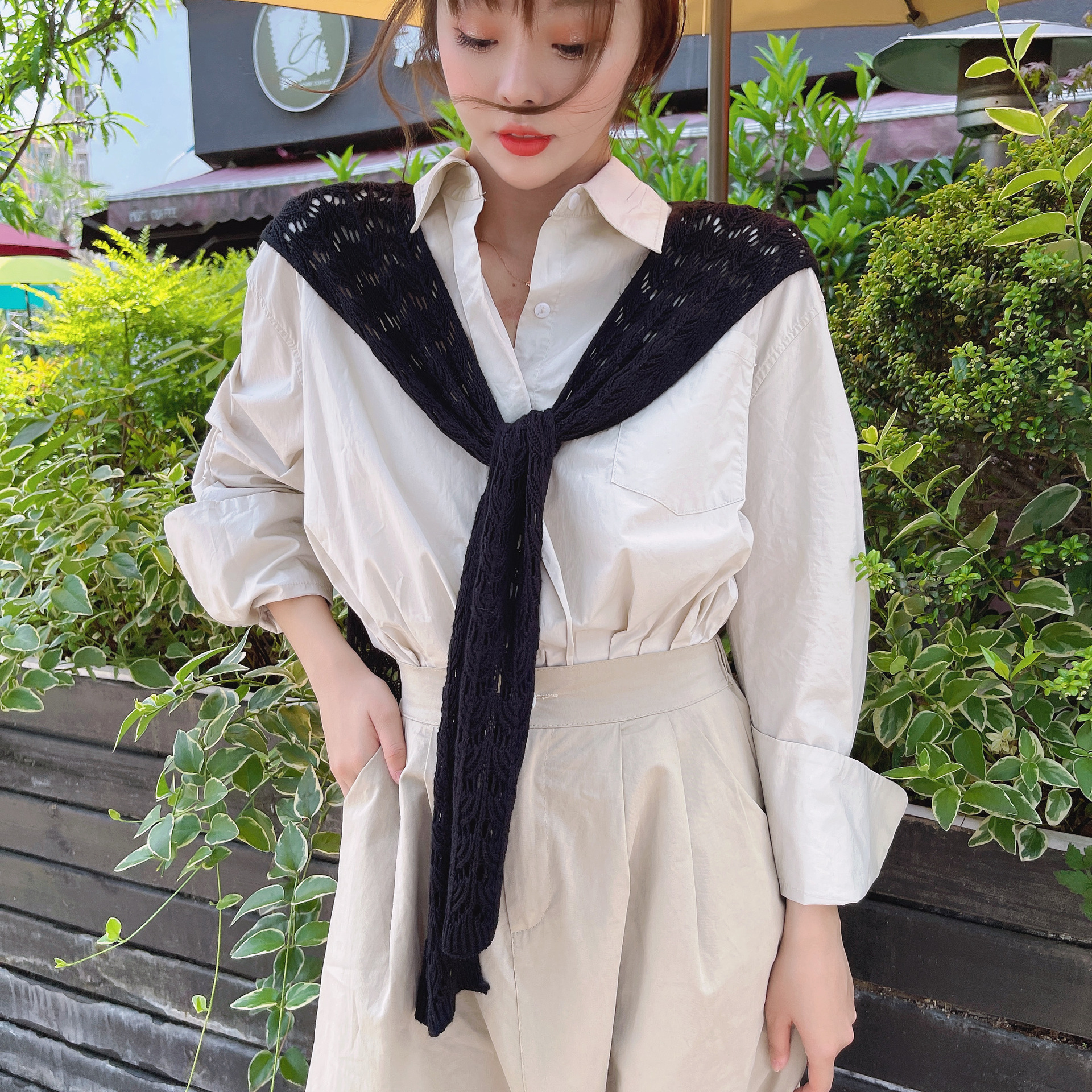 秋冬新款纯色针织披肩女薄款甜美优雅蕾丝假领子防晒毛线坎肩围巾