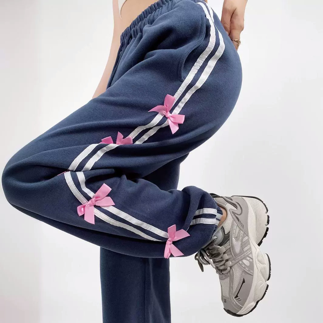 tt2423tt韩版休闲长裤2024春装女装松紧腰蝴蝶结饰束脚卫裤女长裤