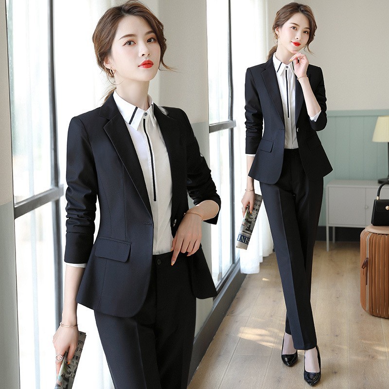 职业西装套装女黑色2021秋冬新款韩版长袖高级商务正装西服工作服