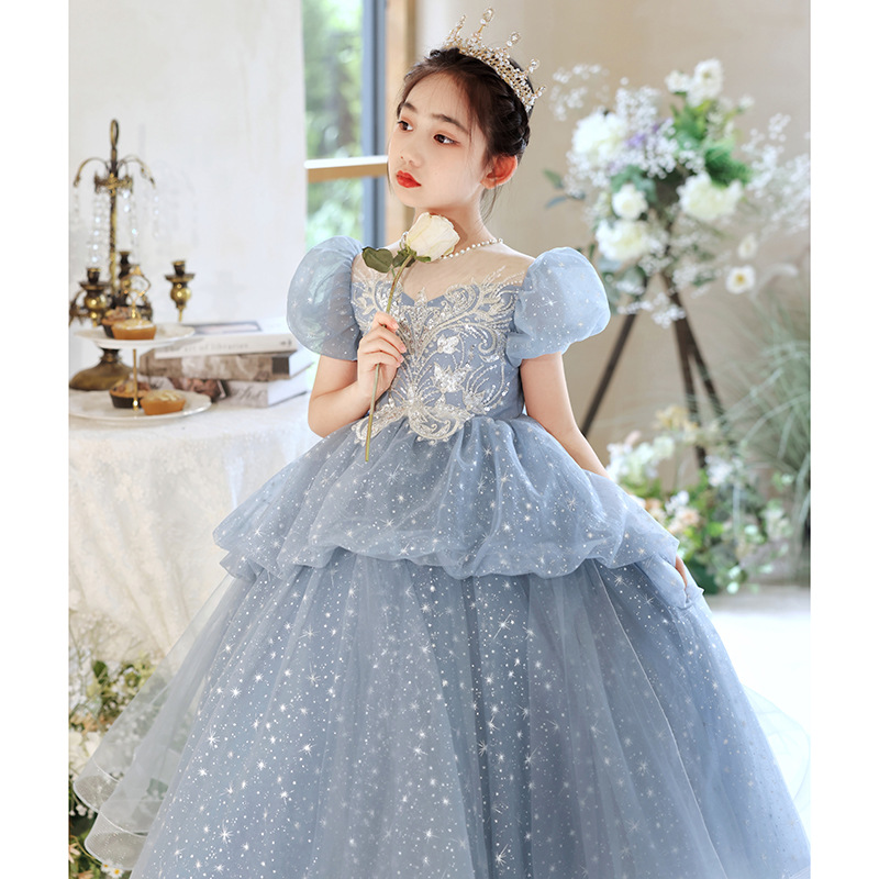 Children's Dress Blue Princess Dress 2024 New Fashion Temperament Host Catwalk Performance Costumes French Entry Lux Female