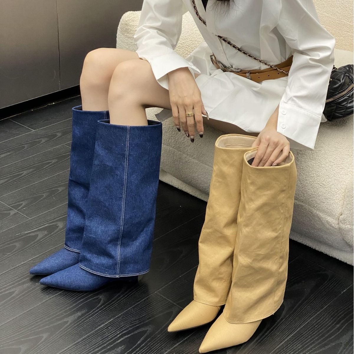 2024秋新款尖头软面皮坡高跟高筒不过膝辣妹马靴时装骑士女长靴
