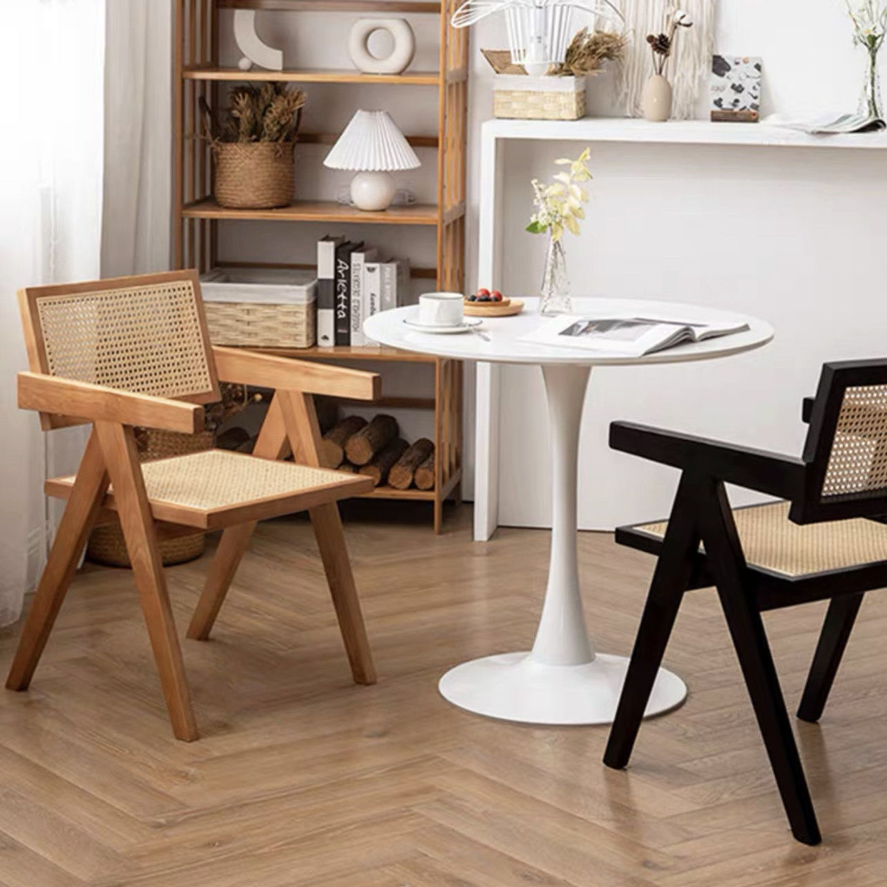 北欧实木昌迪加尔椅子藤编椅天然印尼真藤带扶手家用阳台休闲餐椅