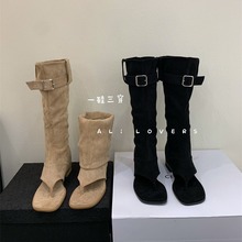 韩版小众方头增高夹趾凉鞋女2024夏季新款时尚百搭设计感中筒凉靴