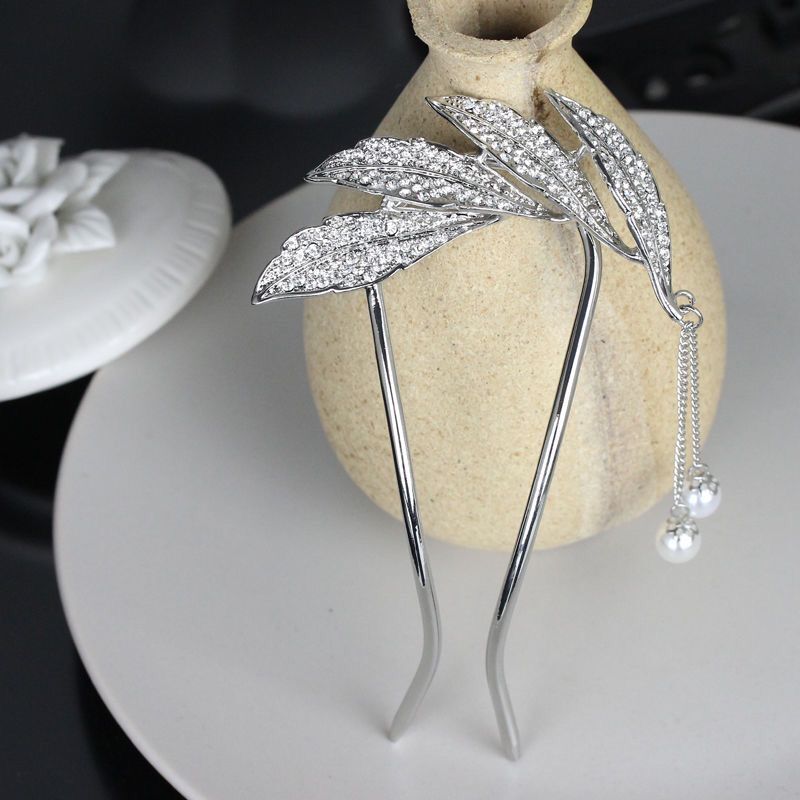 日韩ins羽毛发簪 u形珍珠簪子复古仙女发钗 水钻盘发器简约发卡女