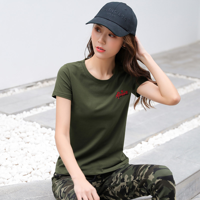 军绿色短袖夏军装t恤女水兵舞演出服广场舞打底衫迷彩上衣训练体