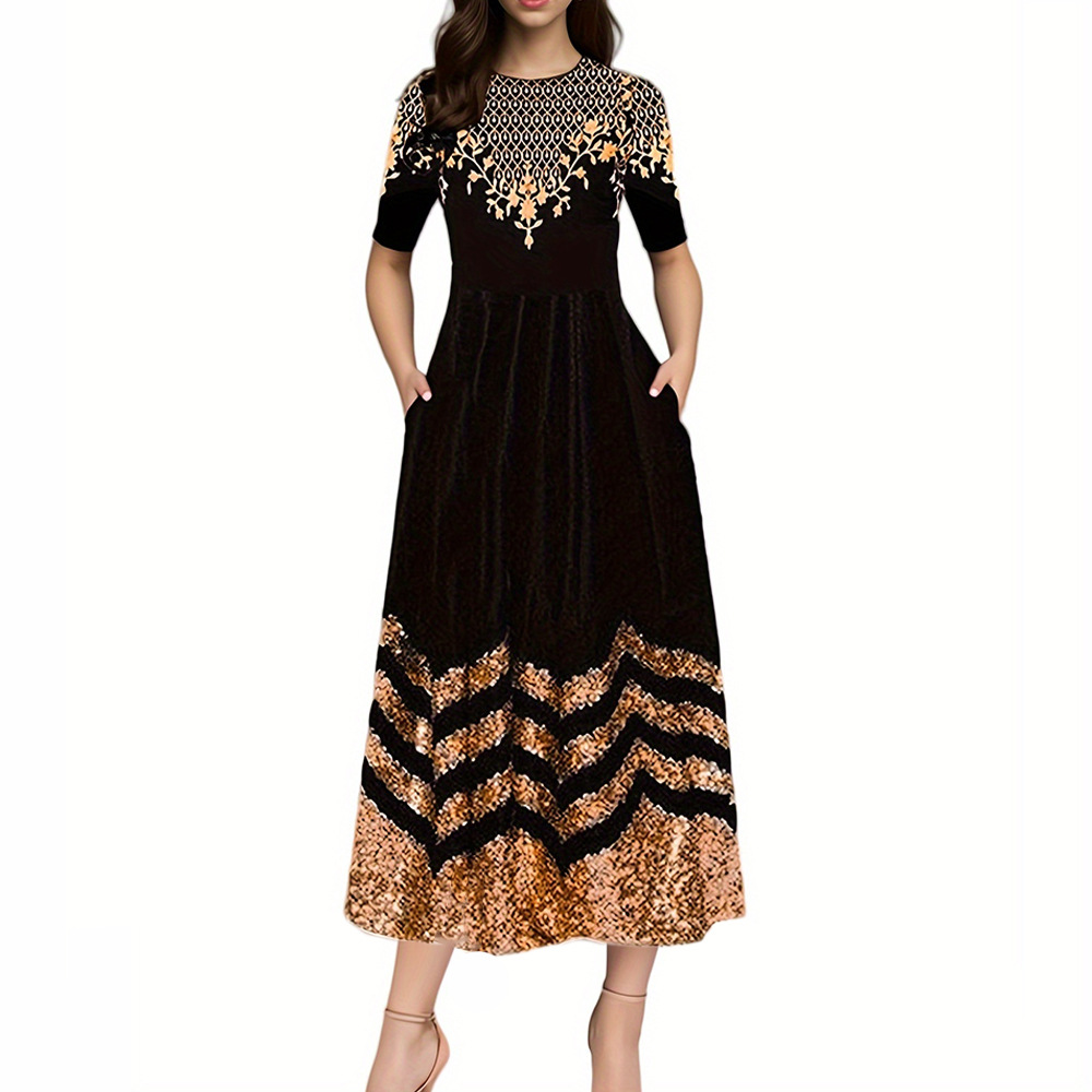 跨境货源 独立站2024欧美女装民族风长裙印花中袖优雅气质连衣裙