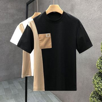 痞帅拼色圆领短袖t恤男潮牌青年衣服男士精神小伙个性穿搭半截袖