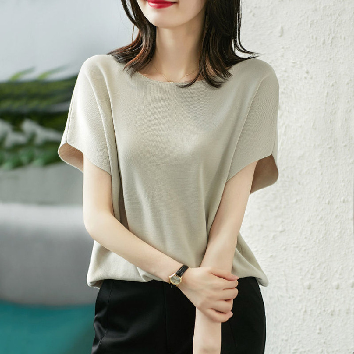 Women's 2024 Solid Color Knitted T-shirt Short Sleeve Ice Silk Batwing Shirt Summer New British Style Thin Pullover Top Women Clothes