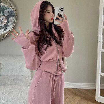 运动服网红时尚套装女秋季新款粉色连帽双拉链卫衣休闲长裤两件套