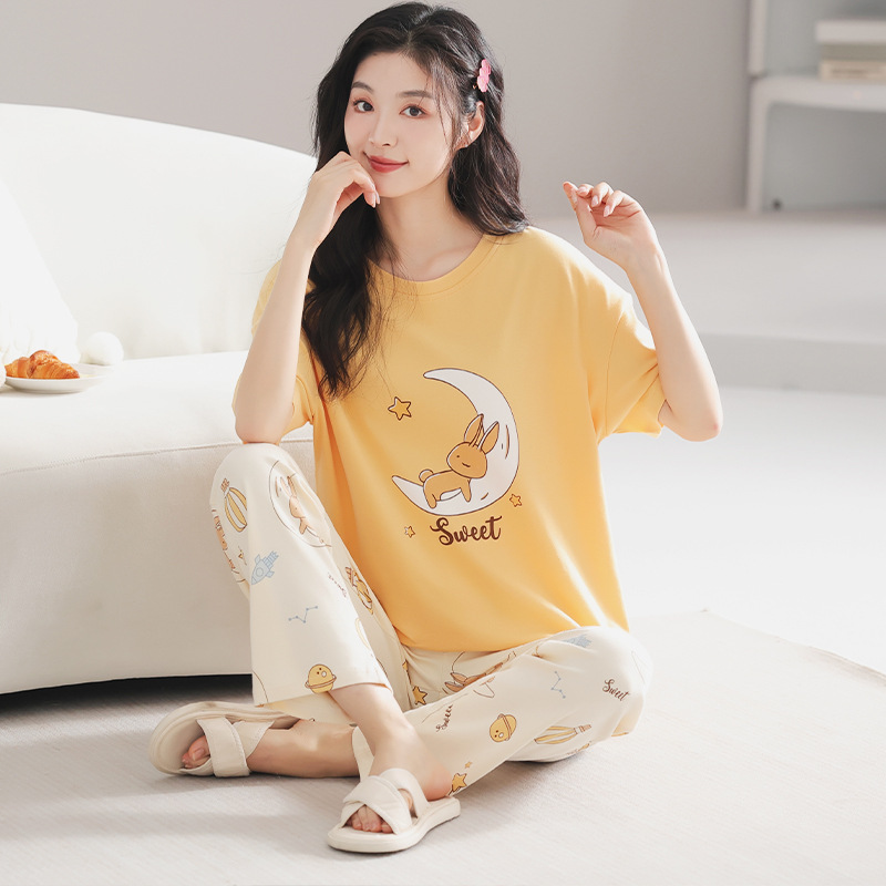 Women's Cotton Pajamas Spring/Summer New Cartoon Girls Can Wear outside plus Size round Neck Cotton Short-Sleeved Trousers Home Wear Summer