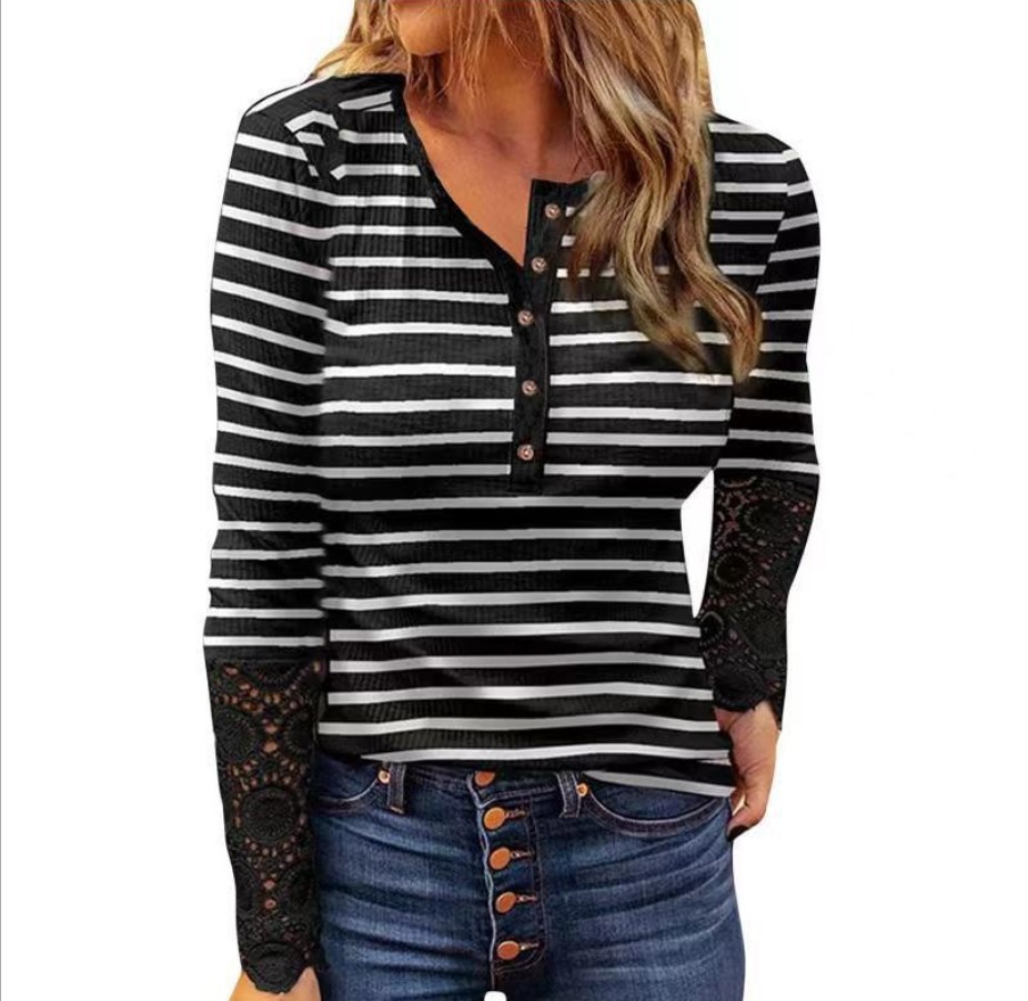 2021欧美新款独立站亚马逊时尚针织印染拼色蕾丝纽扣长袖女t恤