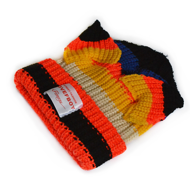 Chengwen New Fashion Trendy Knitted Hat Special Multicolor Striped Cap with Ears Distressed Thread Head Women's Wool Hat