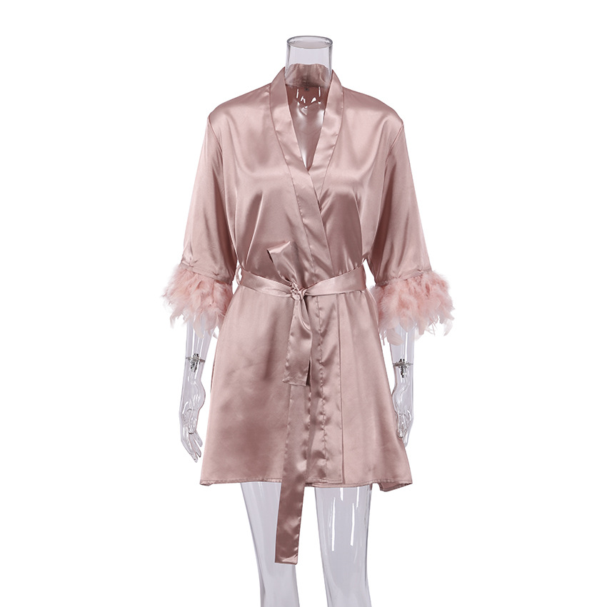 2023 Summer European and American Style Pajamas Pink Feather Short Nightgown Fashion Bridesmaid Dress Ostrich Feather Satin Home Wear for Women