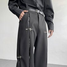 秋季小众金属飞机扣设计感解构西裤男士韩版PU拼皮高级感阔腿长裤