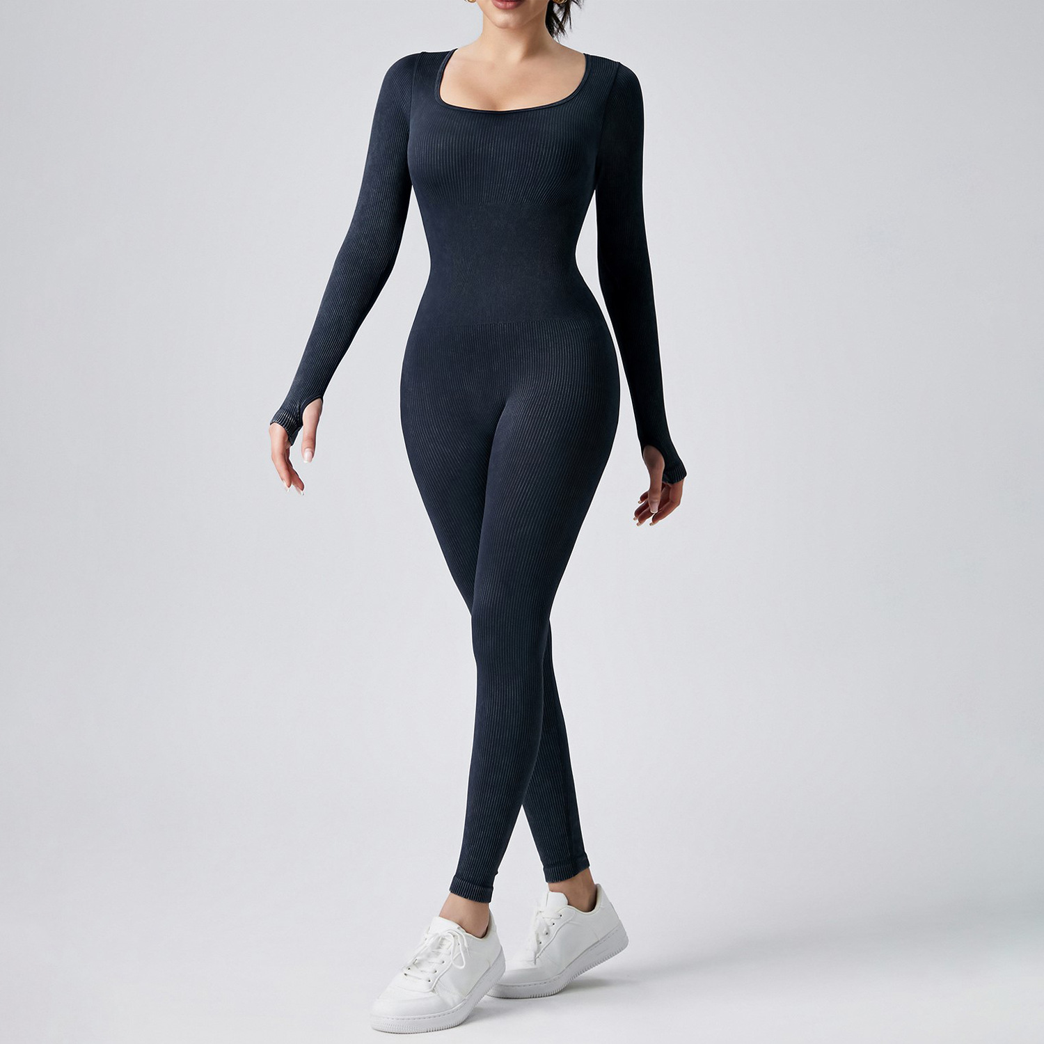 欧美新款一体式长袖速干运动无缝瑜伽连体衣紧身磨砂连体瑜伽服女