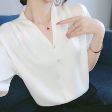 金步康气质洋气短袖衬衫女夏季新款法式上衣设计感小众高贵v领衬