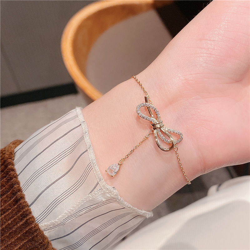 All-Match Light Luxury Bracelet Special-Interest Design Zircon Bow Tassel Bracelet Female Bracelet Wholesale