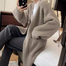 羊绒开衫女欧洲范V领中长款宽松显瘦慵懒羊毛衫打底百搭毛衣外套