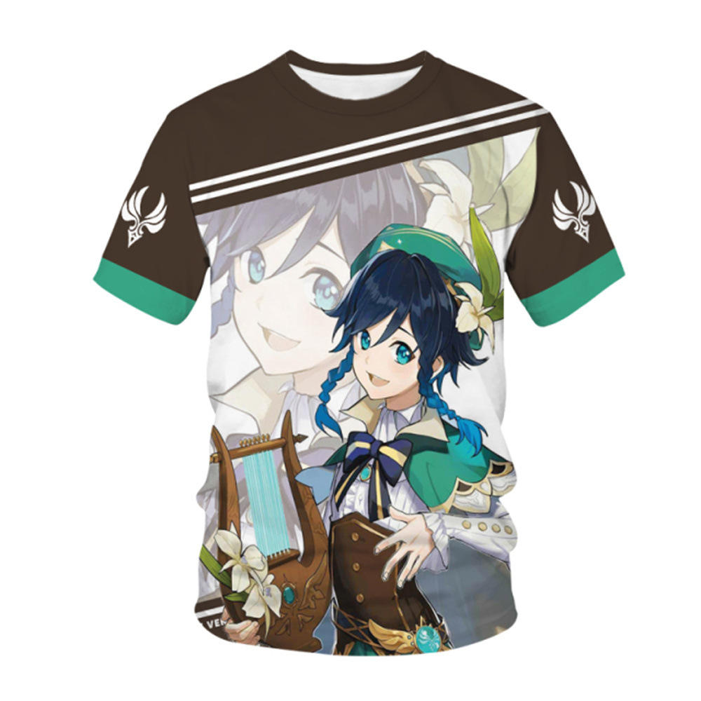 亚马逊跨境新品短袖时尚3d数码原神印花t恤圆领男士上衣厂家批发