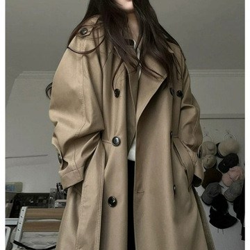卡其色风衣 年秋季经典廓形大翻领双排扣中长款风衣外套女-阿里巴巴