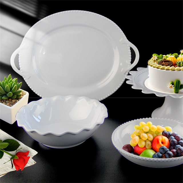 Xubai Melamine Plate Good-looking Binaural Oval Disk Fruit Plate Bead Point Edge Modeling Source Factory Wholesale