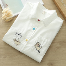 水洗棉纯棉面料 长袖衬衫内搭衬衣 彩色扣刺绣猫春季新款白衬衫