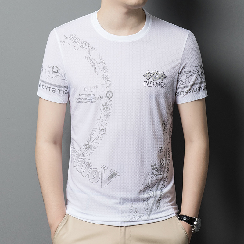 曼茨帛夏季新款宽松休闲男士短袖中年男装圆领t恤刺绣薄款汗衫