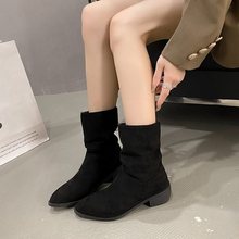 褶皱马丁靴女2023新款韩版粗跟短筒靴时尚气质瘦瘦时装靴弹力靴潮