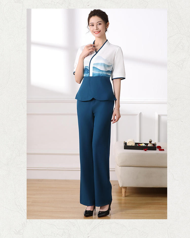 2022春季新款足浴技师工作服女足疗店美容养生馆沐足套装印花中袖