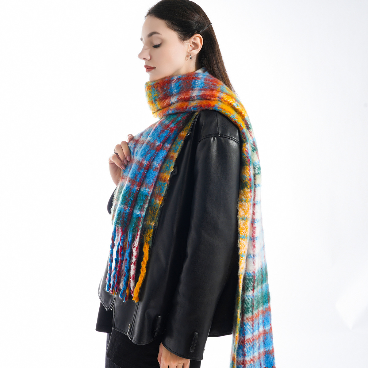 Cross-Border New Arrival Mohair Rainbow Plaid Scarf Women's Fashion High-Grade Knitted Tassel Thickened Warm Shawl