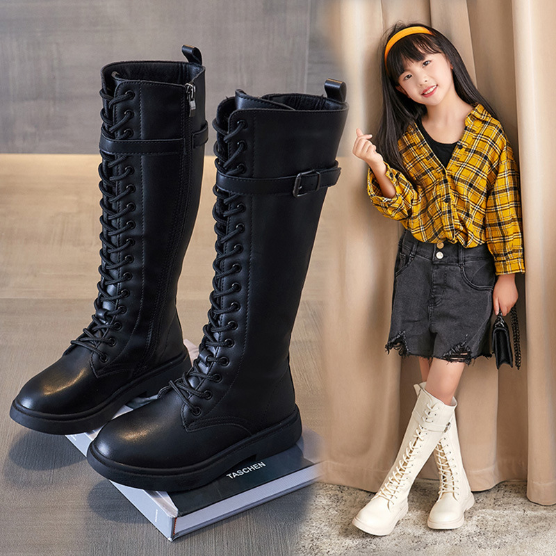 女童靴子春秋洋气公主皮长靴黑色单靴走秀长筒靴儿童马丁靴高筒靴