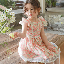 2024夏款草莓珊韩国童装女童儿童女孩气质花朵露背连衣裙现货